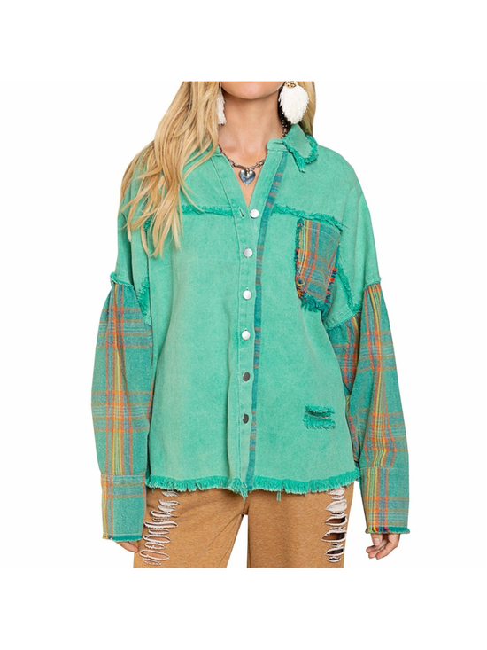 POL Jackets & Blazers - POL Boho Patchwork Jacket m Raw Hem Plaid Sleeve Oversized Cotton 2XL